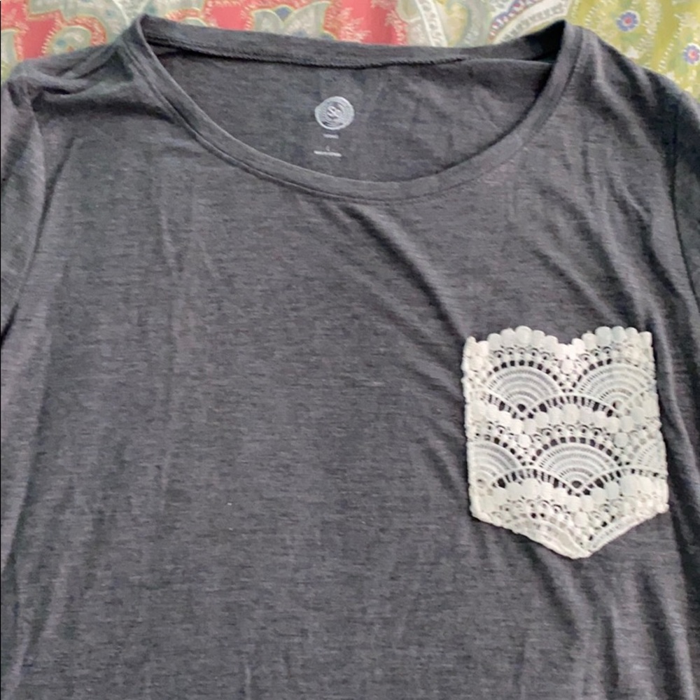 long sleeved grey shirt with lace pocket